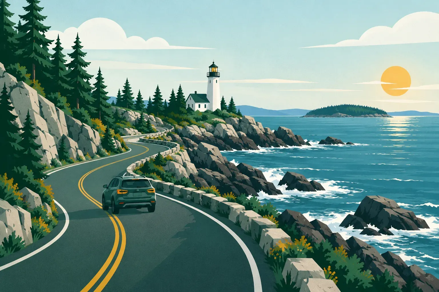 A coastal road with a lighthouse on rocky shores, a typical landscape of Maine