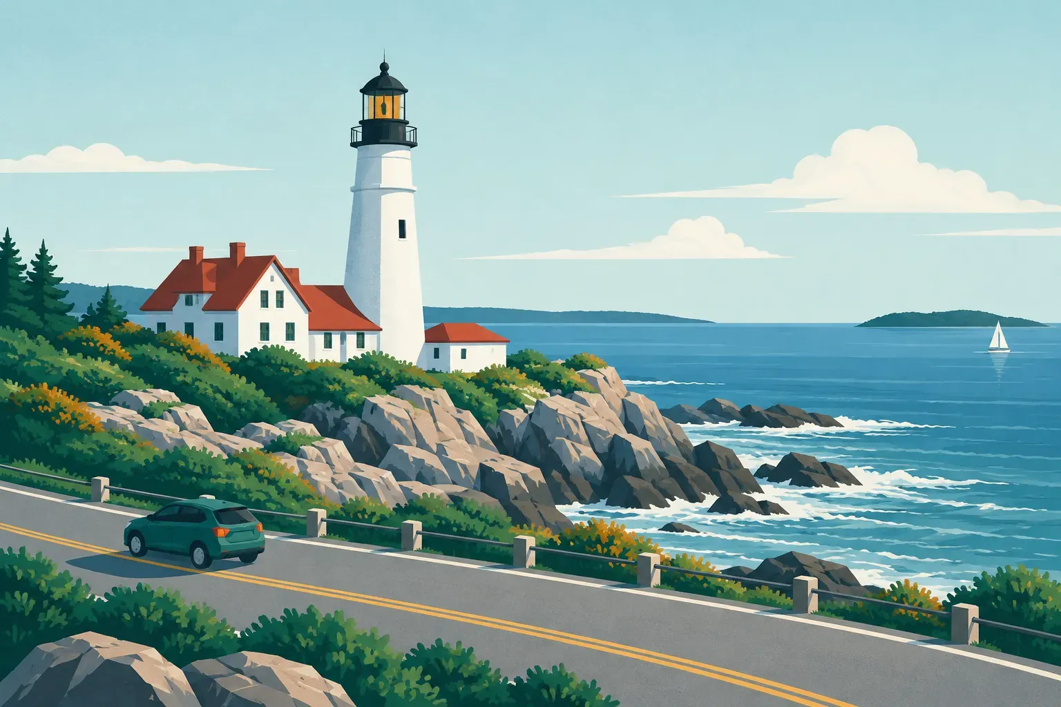 Portland Head Light, a white lighthouse on a rocky Atlantic coast, in Maine
